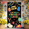 A dark banner decorated with school supplies like a yellow bus, backpack, and apples for a back to school theme.
