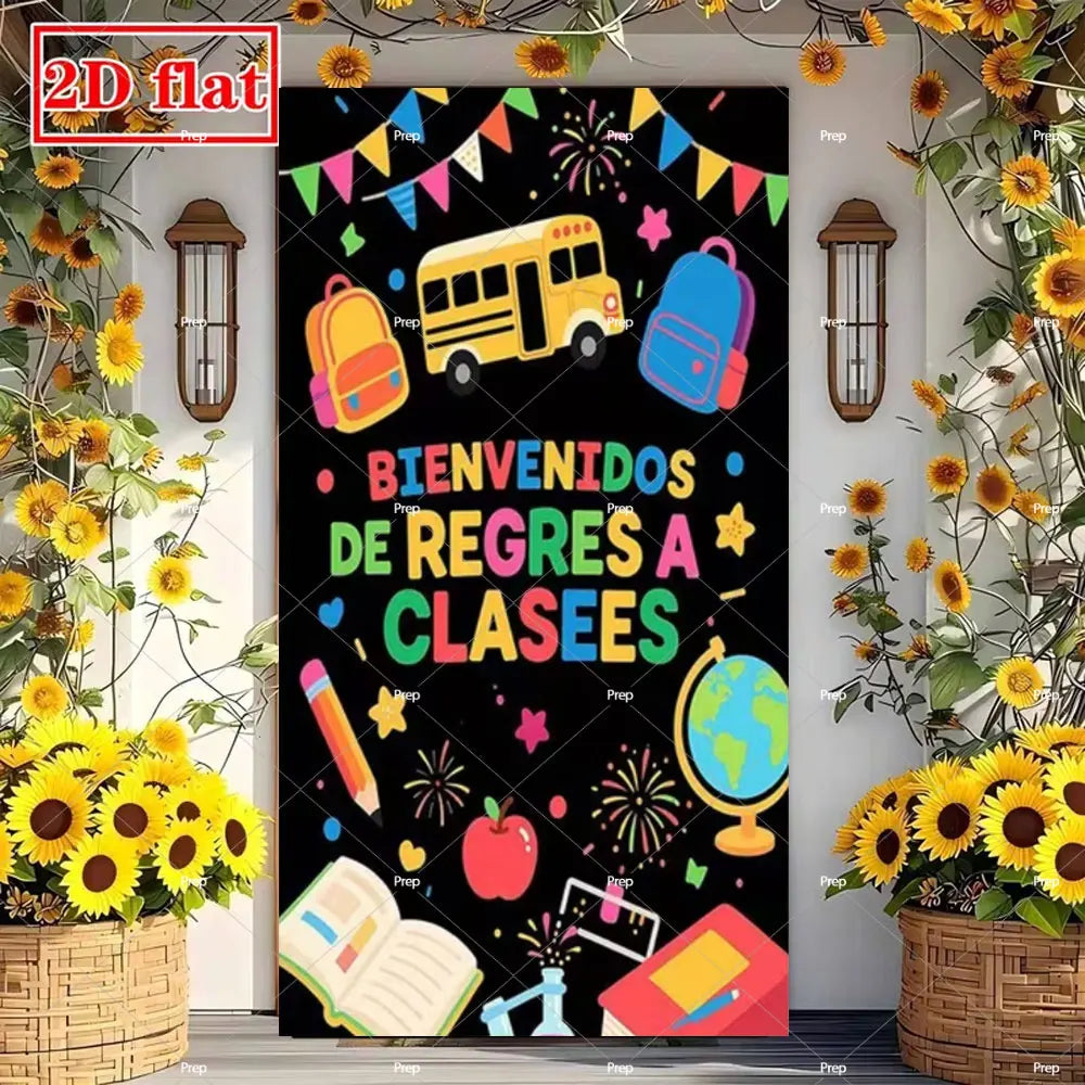 A dark banner decorated with school supplies like a yellow bus, backpack, and apples for a back to school theme.
