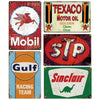 A collection of vintage metal tin signs featuring brands like Texaco, Mobil, Gulf, and Sinclair Racing Team.