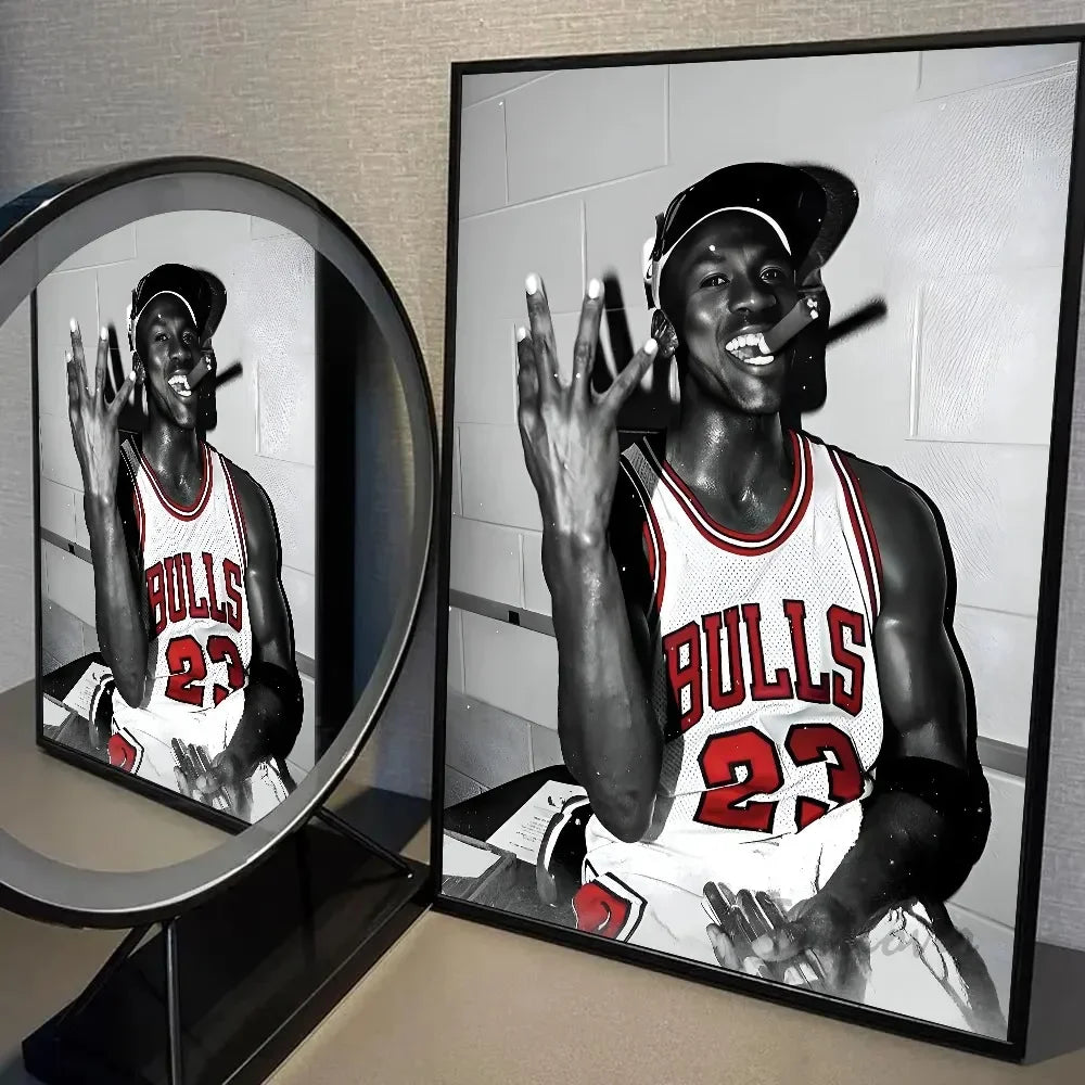 A framed photo of a basketball player wearing a Bulls jersey with the number 23 and a cap.