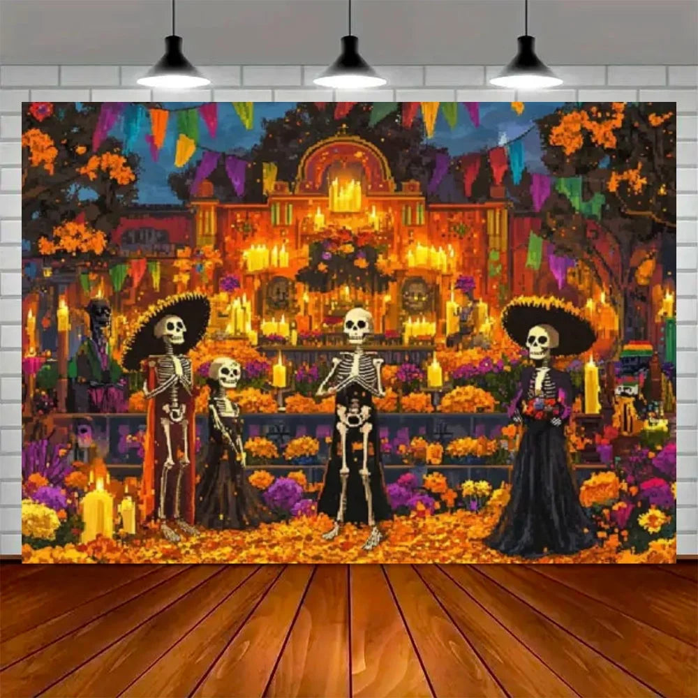 Day of the Dead Skeleton Carnival Backdrop for Halloween Party Decorations