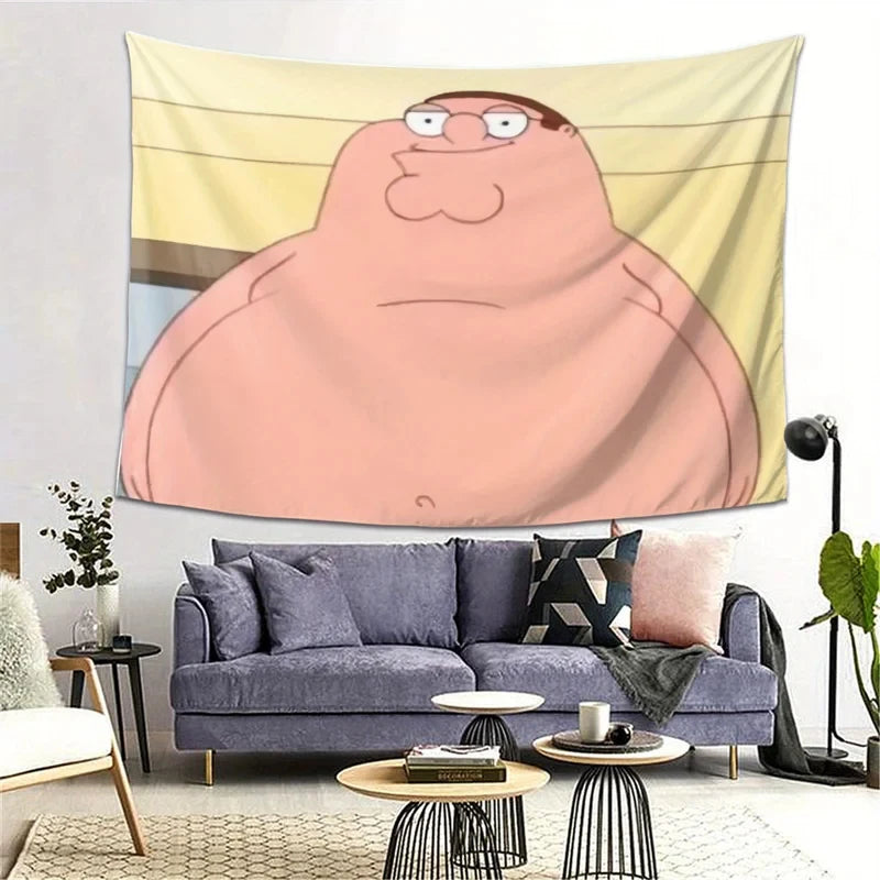 A tapestry wall art featuring a cartoon depiction of Peter Griffin on a light background.