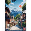 A traditional Japanese street scene with wooden buildings and a Mount Fuji view under a bright sky.