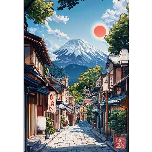 A traditional Japanese street scene with wooden buildings and a Mount Fuji view under a bright sky.