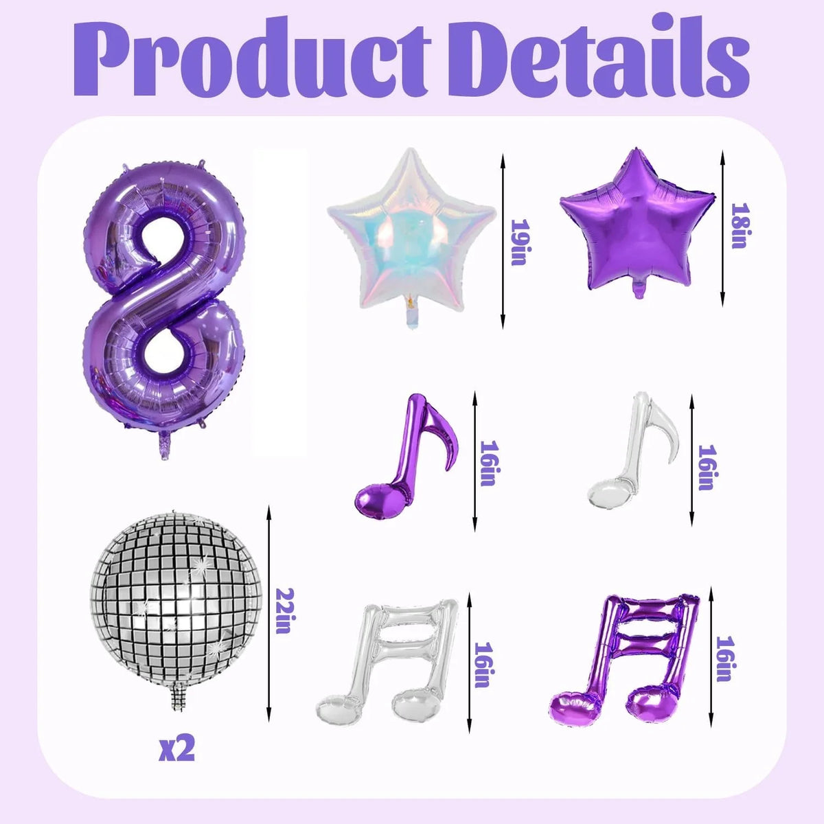 A set of purple musical number balloons including an eight, a star, and treble clef.