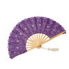 Abanico plegable de encaje morado elegante con abanico dorado y borla