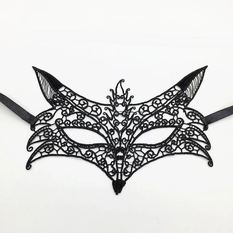 Elegant black lace half face mask with intricate scrollwork for masquerade and costume parties
