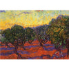 A vibrant oil painting depicting an orchard of olive trees against a bright, yellow and orange sunset sky.