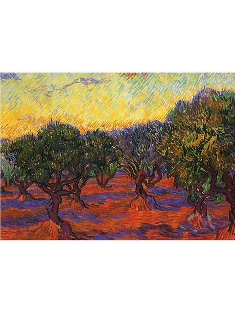 A vibrant oil painting depicting an orchard of olive trees against a bright, yellow and orange sunset sky.