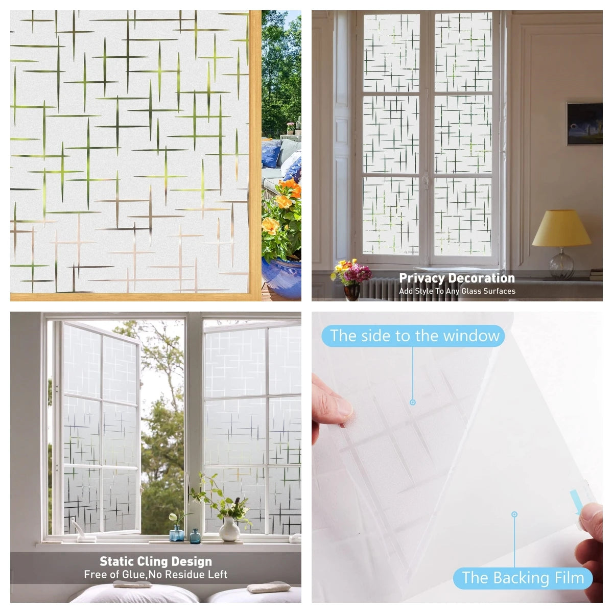 Various views of frosted window privacy film showing its texture and application on glass surfaces.