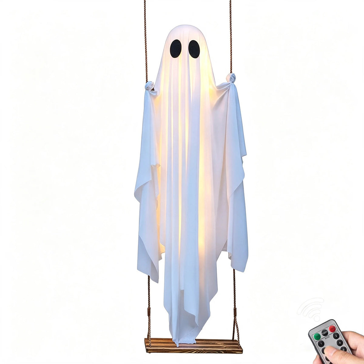 A white glowing ghost decoration hangs from a rope, resembling a sheet with two black eyes.