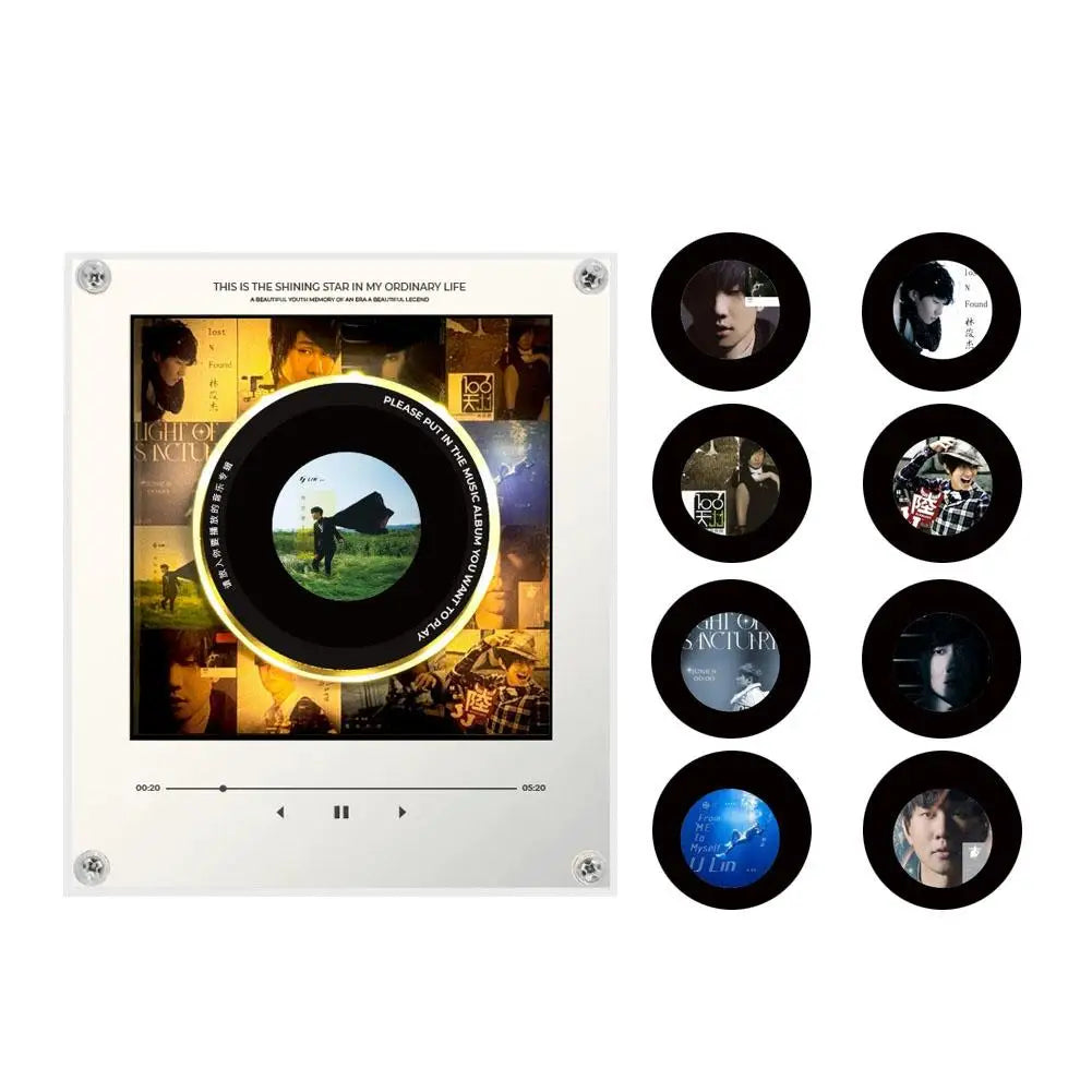 A white rectangular device featuring a rotating disc and multiple circular photo displays for an NFC music box night light.