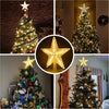A collage showing various LED glowing Christmas tree star toppers and decorated Christmas trees.