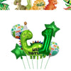 Green dinosaur shaped balloon and green number one balloon for a birthday party