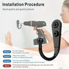 A hand is installing an aluminum wall-mounted hook using a power tool and screwdriver into a wooden board.