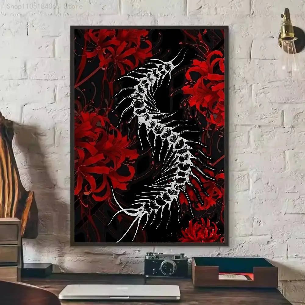 A dark poster featuring a white spider lily against a background of vibrant red floral elements.