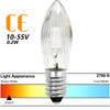 A clear E10 LED candle bulb with a vintage shape, showing a color temperature scale from Warm White to Cool White.