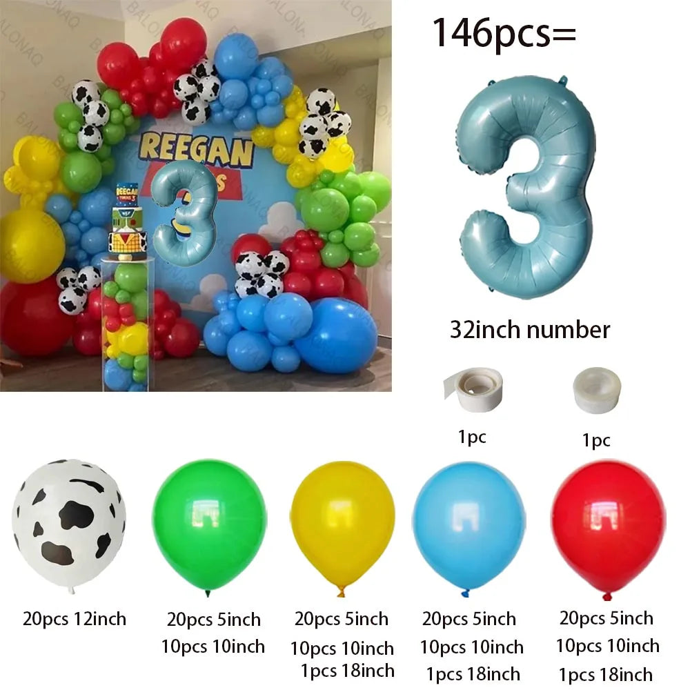A kit featuring various colored latex balloons, including a large number balloon and assorted balloons for decoration.