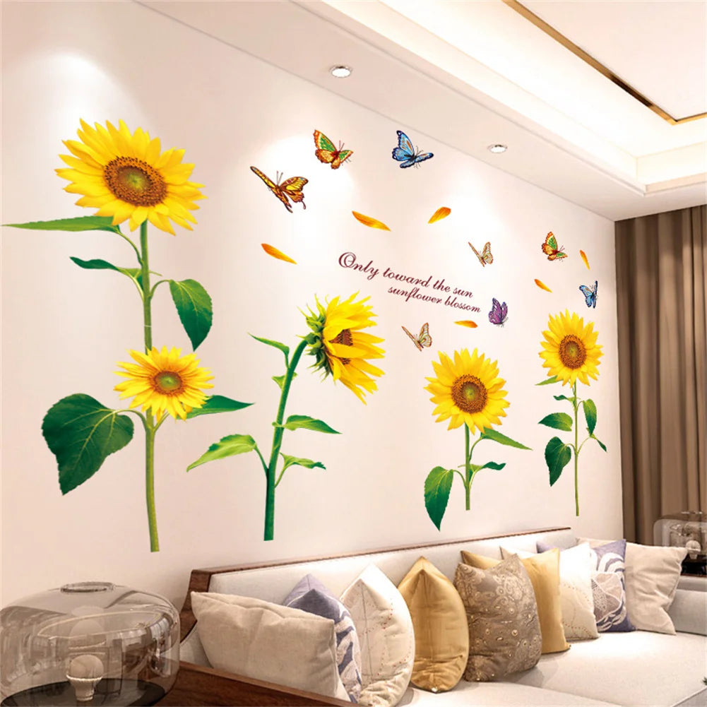 Wall stickers featuring yellow sunflowers and butterflies on a white wall.