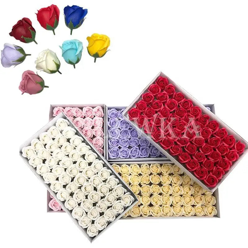 A collection of artificial rose heads in various colors including red, pink, blue, and yellow, displayed for decoration.