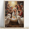 Oil painting depicting the Holy Family with Mary, Joseph, and the infant Jesus surrounded by sheep.