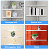 Three different wall styles showing shelf installations on concrete, sticker, whitewashed, and wood backgrounds.