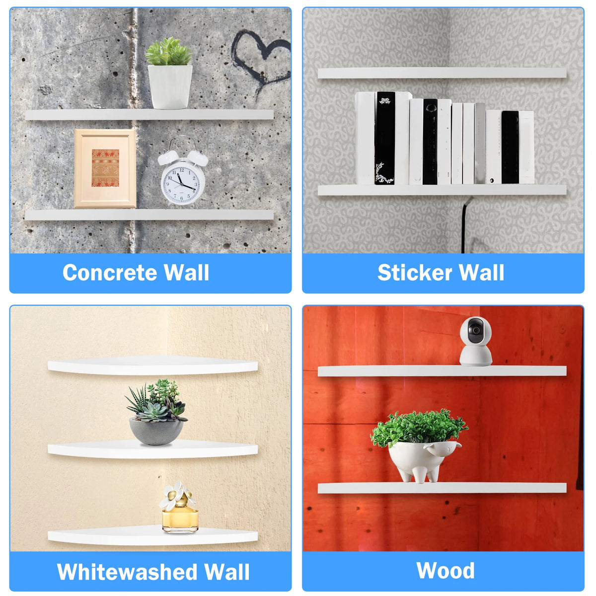 Three different wall styles showing shelf installations on concrete, sticker, whitewashed, and wood backgrounds.