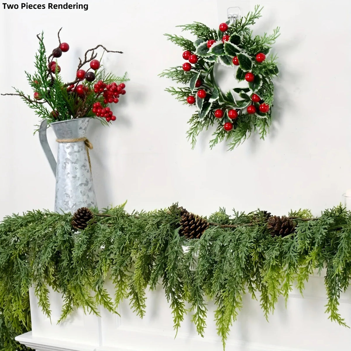 Two pieces rendering showing a silver pitcher with berries and a green pine vine wreath for holiday decor