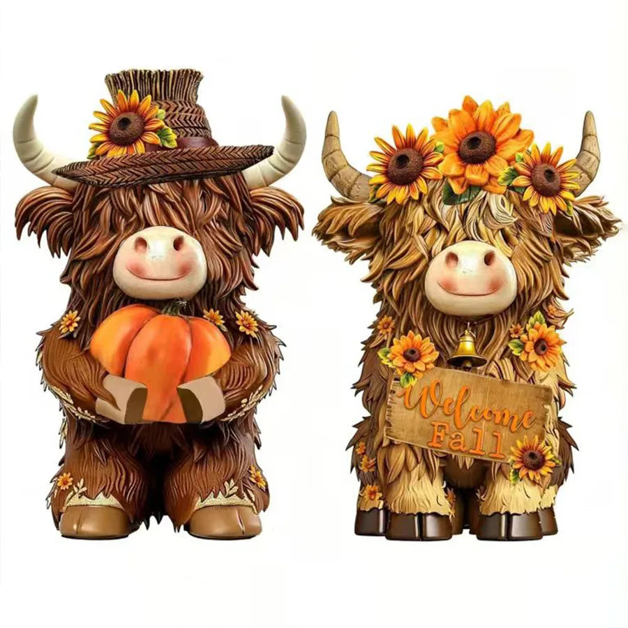 A set of two rustic wooden Highland cow figurines decorated with autumn leaves and pumpkins.