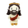A plush figurine of Jesus with a beard, brown hair, and an orange headband, wearing a beige robe.