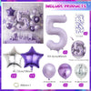 Purple and silver balloons shaped like the number five and a star for themed events