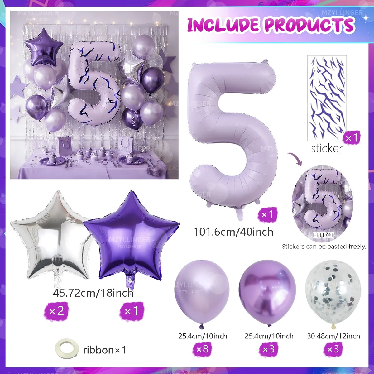 Purple and silver balloons shaped like the number five and a star for themed events