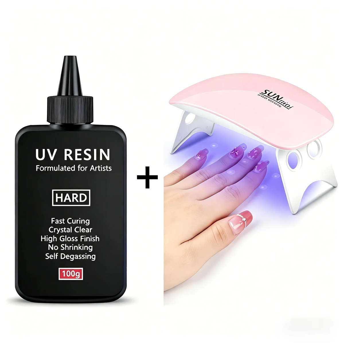 A bottle of UV resin and a pink UV curing lamp are shown together for jewelry making.