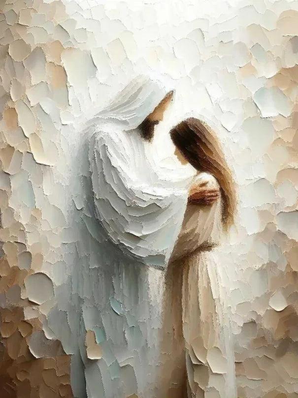 Frameless Christian canvas art print depicting Christ embracing a child in soft, textured white and beige tones.