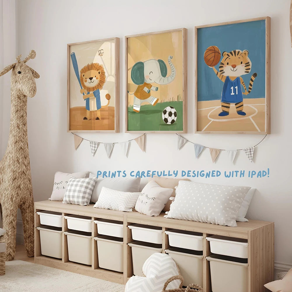 A set of three canvas prints featuring cute animal characters like a lion, elephant, and tiger for kids' room decor