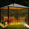 USB curtain fairy lights illuminating a wooden gazebo and garden setting
