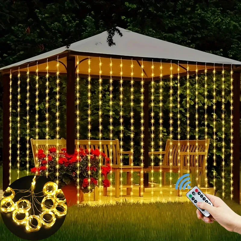 USB curtain fairy lights illuminating a wooden gazebo and garden setting