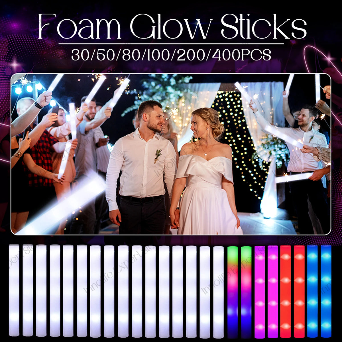 A display of LED foam glow sticks in various colors and light modes, shown being held by people.