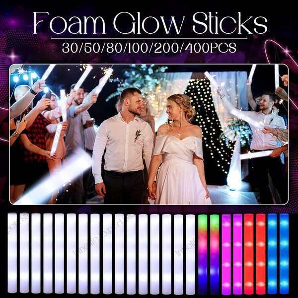 A display of LED foam glow sticks in various colors and light modes, shown being held by people.