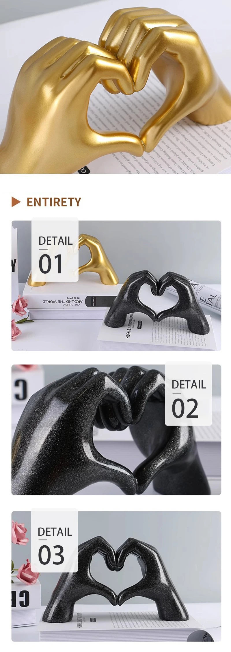 Three heart-shaped resin hand sculptures in gold and black finishes displayed on a white background.