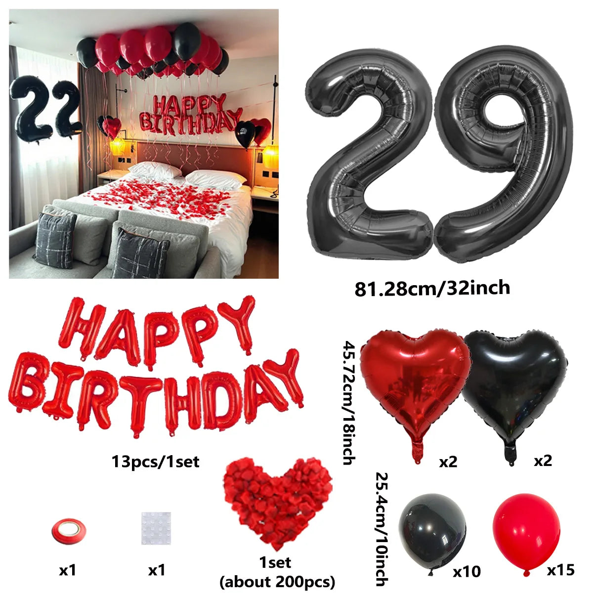 A set of red and black birthday balloons including a 29-inch foil balloon, heart-shaped balloons, and a cluster of red balloo