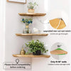A natural wooden corner floating shelf mounted on a white wall with potted plants and decorative items.