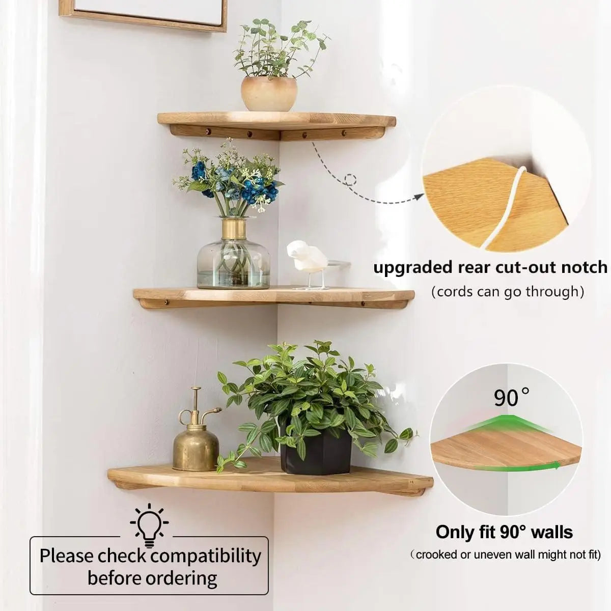 A natural wooden corner floating shelf mounted on a white wall with potted plants and decorative items.