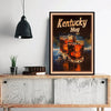 A framed canvas print featuring a dark, moody image of three whiskey glasses with ice and the text Kentucky Hug