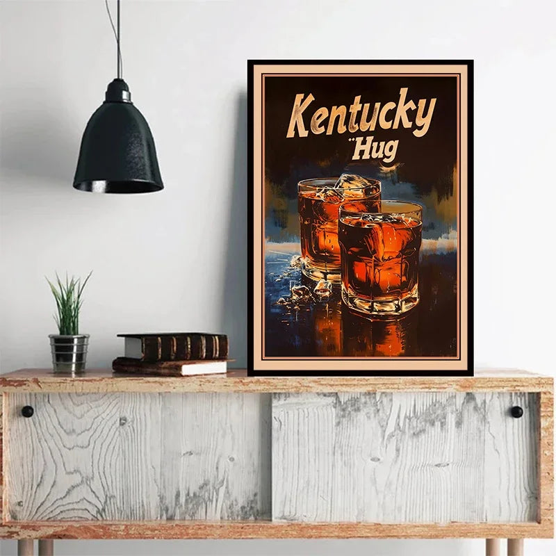 A framed canvas print featuring a dark, moody image of three whiskey glasses with ice and the text Kentucky Hug