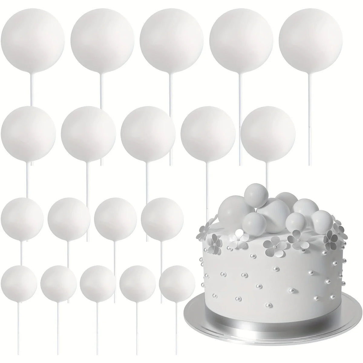 A set of twenty white mini foam ball cake toppers on sticks for DIY party decor