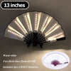 A 13 inch multi-mode LED party fan with a light-up pleated design and included batteries.