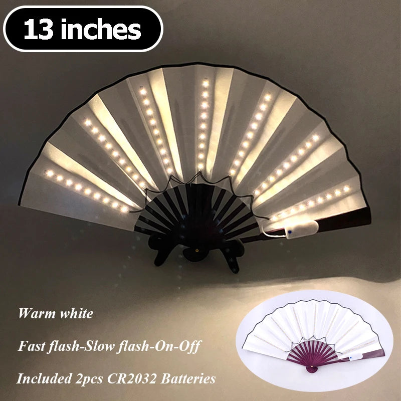 A 13 inch multi-mode LED party fan with a light-up pleated design and included batteries.