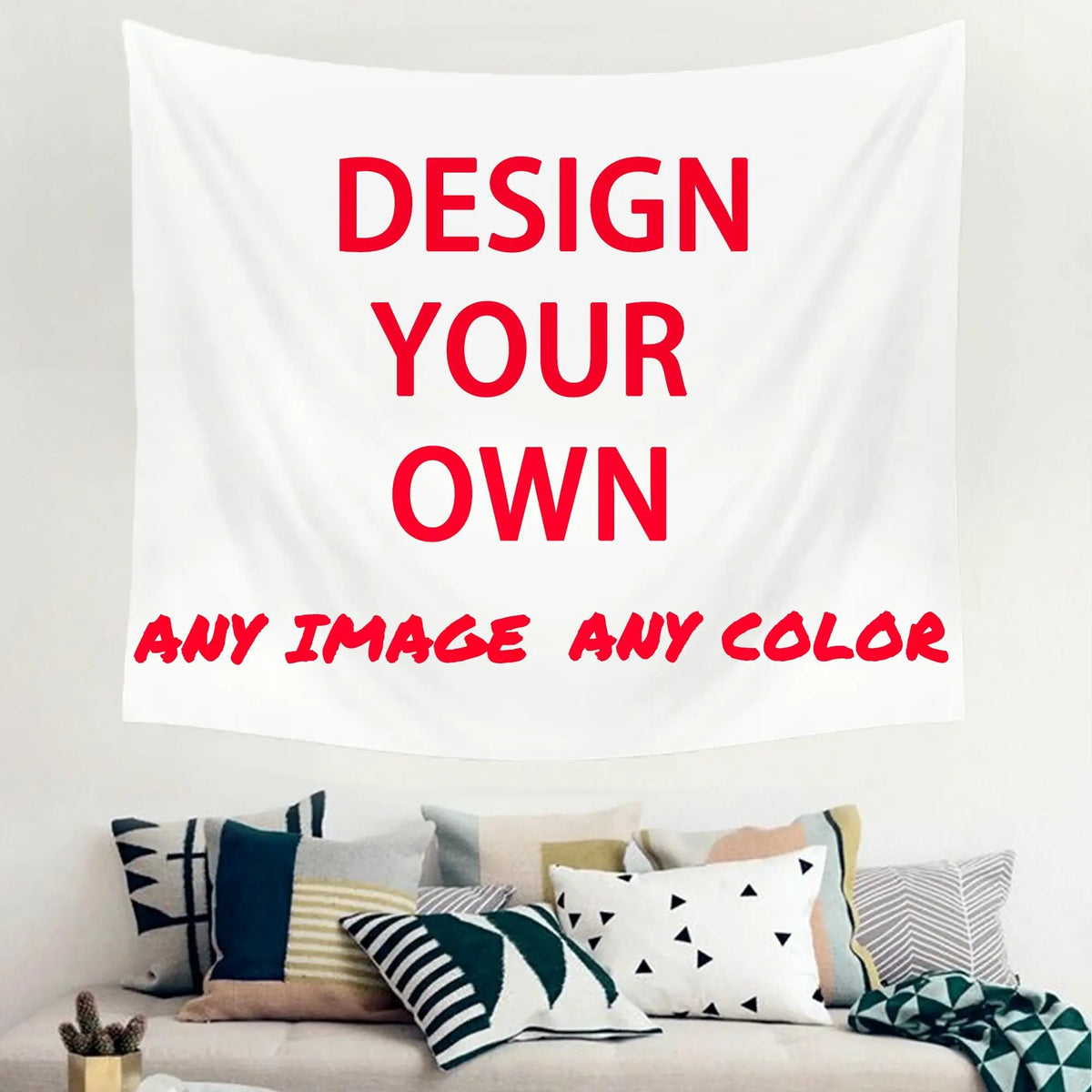 A white fabric banner with red text that reads Design Your Own Any Image Any Color