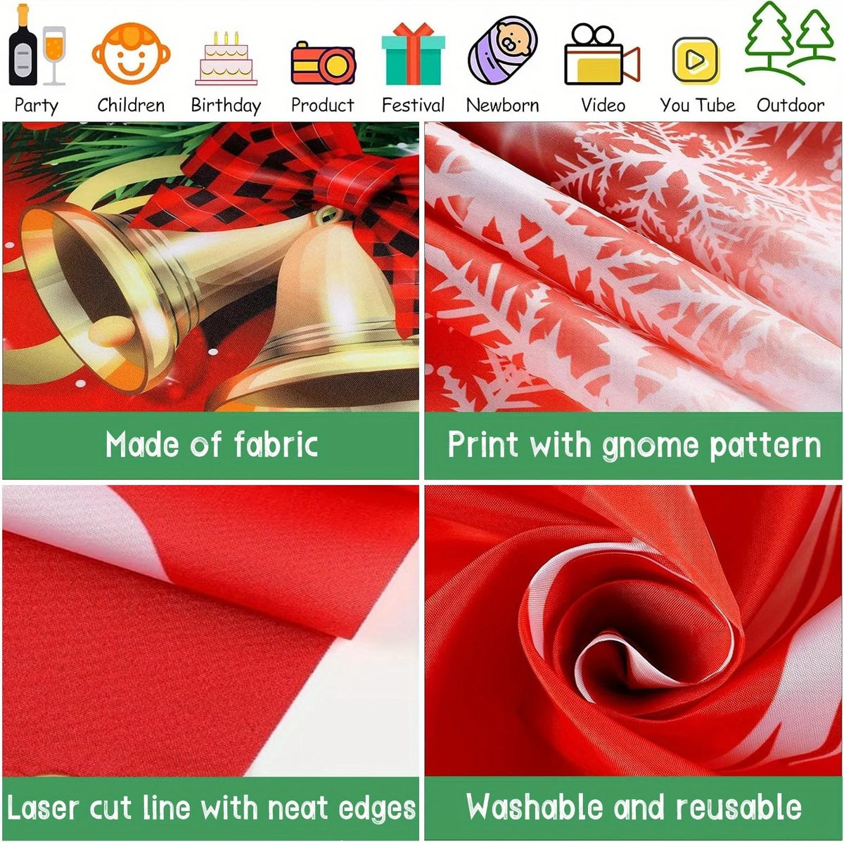 Fabric banner featuring a festive theme with a gnome pattern, laser-cut edges, and washable material.